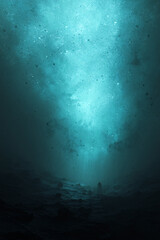 Fototapeta premium mysterious deep sea scene with marine creatures and faint natural light, underwater abyss with whale silhouette and floating particles in a dark ocean environment 