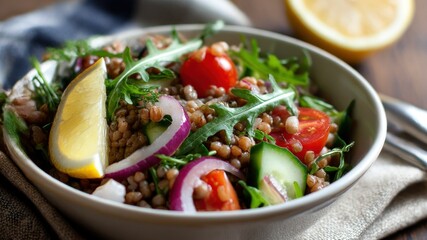 A vibrant lentil salad with fresh vegetables and a lemon wedge.