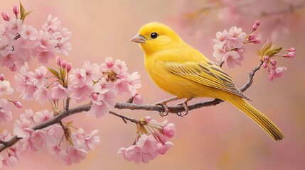 Yellow Canary Bird Perched on Cherry Blossom Branch in Spring