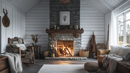 Cozy Farmhouse Interior With White Wooden Wall and Fireplace