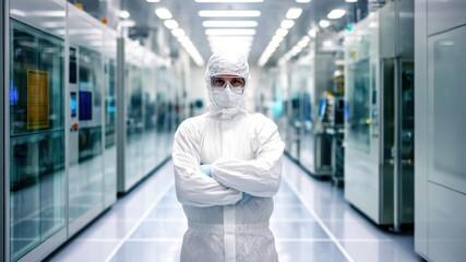 Worker in a sterile suit, arms crossed, in a cleanroom environment.