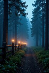 Foggy fir forest at dusk with old wooden fence and lanterns, retro, misty landscape