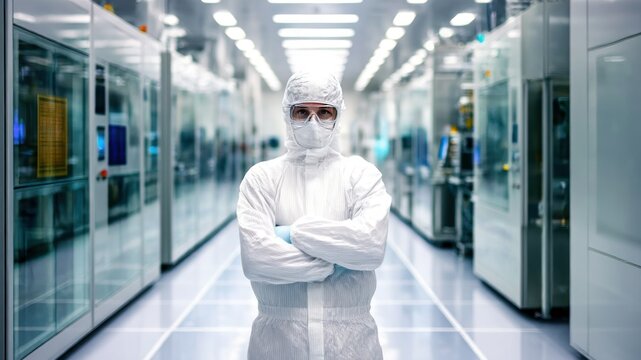 Worker in a sterile suit, arms crossed, in a cleanroom environment.