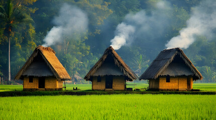 Fototapeta premium Three Thatched Roof Huts In Lush Green Rice Field With Soft Smoke Under Natural Light In Peaceful Agricultural Scene