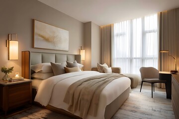 Fototapeta premium Elegant and cozy modern hotel room with warm lighting and a plush king-size bed