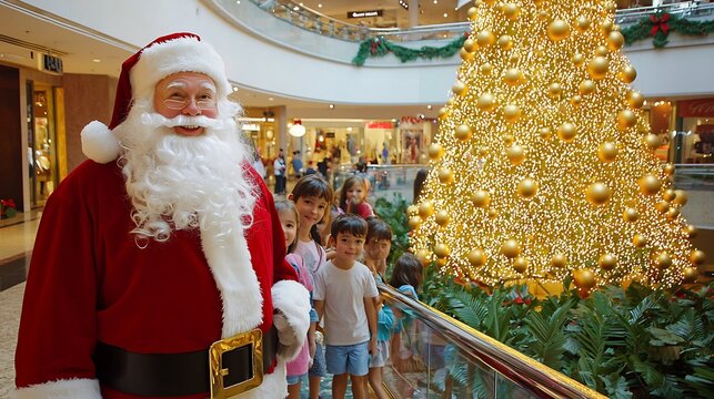 Santa Claus a beautifully decorated shopping mall children eagerly lining up for photos a giant Christmas tree shimmering with golden ornaments nearby - Powered by Adobe