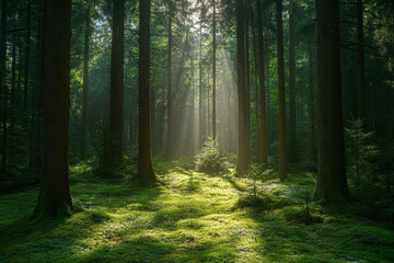 Naklejka premium Sunbeams filter through a dense forest, casting a golden glow on towering trees and creating a serene, enchanting atmosphere.