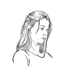 Portrait of a thoughtful woman with long hair, tucking her chin in, creating folds under it. Hand drawn vector sketch with black strokes on a white background, expressing contemplation