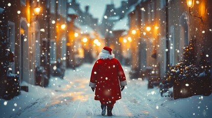 Santa Claus a snowy village A classic Santa with a red coat walking through a snowy town warm glowing streetlights reflecting off the snow