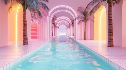 Pink neon arch pool paradise, palm trees, summer