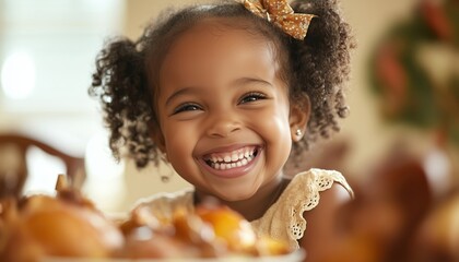 Joyful African American Girl Delights In Thanksgiving Feast With Large Family In Dining Room, Giggling And Sharing Laughter With Loved Ones.