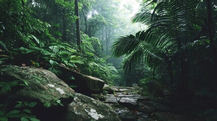 Walking Path Through Lush Green Rainforest Jungle Scene