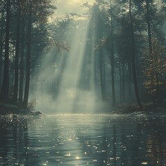 Fototapeta premium Mystical Forest Lake: Sunbeams through the Dense Woods Reflecting on Water