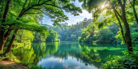 Obraz premium A serene forest surrounded by lush greenery and vibrant foliage, with a tranquil lake in the background, greenery, forest