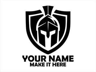 Stylized black and white emblem featuring a Spartan helmet silhouette within a shield shape. Warrior concept, spartan logo vector design