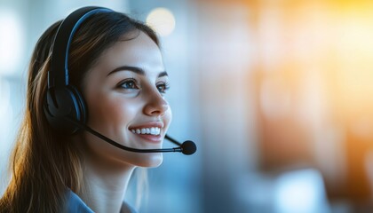 Beautiful Call Center Worker With A Smile Working In Headphones At A Contemporary Office Setting.
