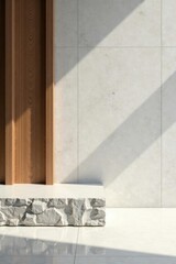 Modern Minimalist Interior Design with Stone and Wood Accents Displaying a Clean and Serene Atmosphere