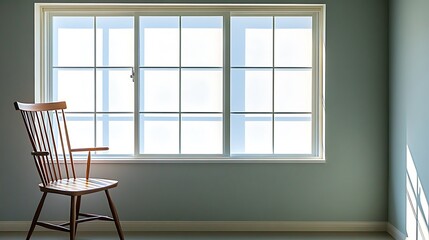 Minimalist interior scene with window and spindle chair under morning light