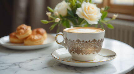 A beautifully crafted coffee cup filled with latte art sits on a marble table. Nearby, a plate of fresh pastries and a vase of white flowers add charm to the cozy ambiance