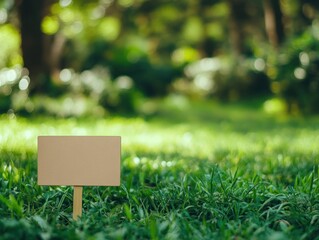 A blank yard sign on a lush green lawn, set against a soft-focus background, creating a space for messaging with a natural, serene setting.