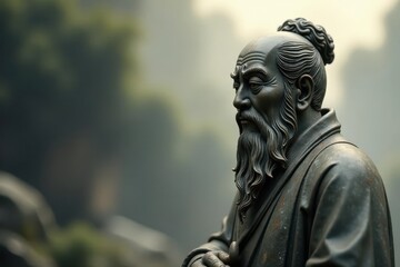 Fototapeta premium A Contemplative Bronze Figure, Hands Clasped, Gazing Pensively into the Distance, Depicts Wisdom and Serenity Amidst a Serene Natural Backdrop
