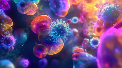 Close-up digital illustration of vibrant bacteria and viruses found in HVAC systems.