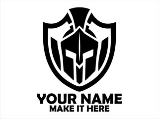 Stylized black and white emblem featuring a Spartan helmet silhouette within a shield shape. Warrior concept, spartan logo vector design