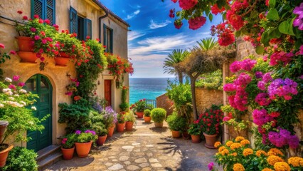 Fototapeta premium Italian courtyard by the Mediterranean sea with vibrant colorful flowers, colorful, sunny, colorful, sunny, Italy