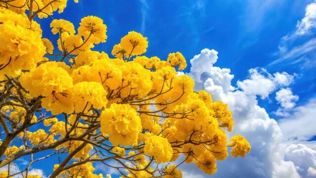 Vibrant yellow tabebuia flower in full blossom against a bright blue sky with fluffy white clouds , blossoms, tabebuia