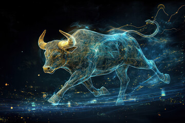 glowing digital bull running through abstract dark background. strength and power concept. financial markets and investment. futuristic and dynamic design.
