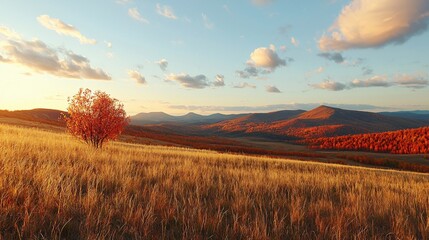 Naklejka premium Sunset Over Autumn Hills A Solitary Tree in a Golden Meadow at Dusk with Vibrant Colors