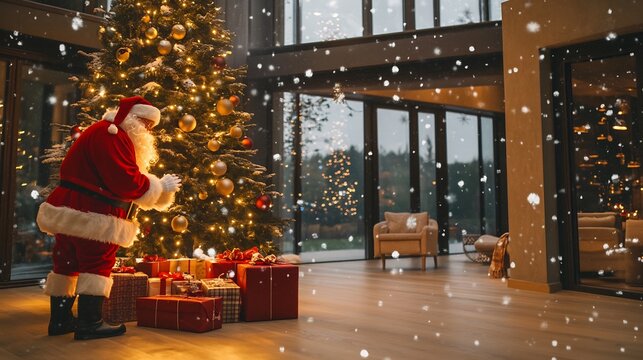 Santa Claus placing gifts under Christmas tree in a beautifully decorated modern home soft warm lights snowflakes visible through large glass windows - Powered by Adobe