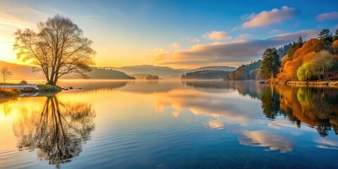 Serene lake scene at sunrise over Lake Windermere, trees, windermere,  trees, windermere,panorama, tranquility