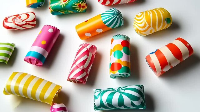Colorful patterned wrappers of candies scattered on a light background, creating a joyful ambiance