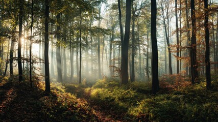 Obraz premium Sun rays cutting through the trees in a mystical and peaceful forest.