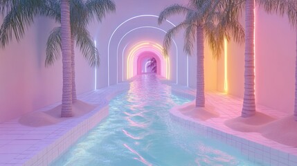 Pastel pool neon archway paradise summer digital art