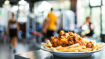 Overflowing plate with greasy fast food, french fries and cheeseburger, unhealthy eating habits and poor nutrition concept, junk food and obesity risk.