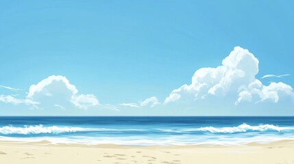 Minimalist beach landscape with a vast blue sky and soft waves, leaving ample negative space for text