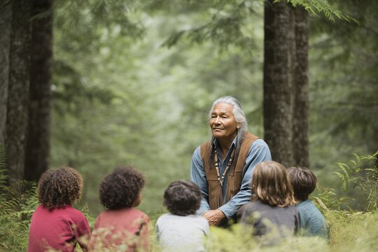 Native american elder teaching children about nature in forest setting educational content peaceful atmosphere