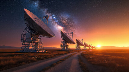 Cinematic Observatory Telescopes in Field at Sunset with Cosmic Sky