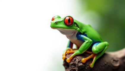 Green tree frog perched on white, vibrant colors, reptile, bright, background