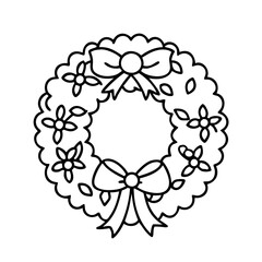 A Lovely Outline Drawing of a Christmas Wreath with Flowers and Bows