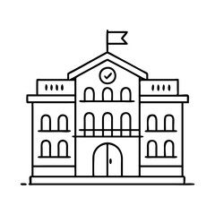 A Simple Line Drawing of a Large School Building with a Clock and Flag