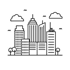 Simple Line Drawing of a Modern City Skyline with Buildings Trees and Clouds