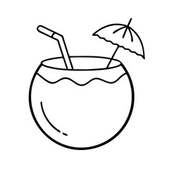 Refreshing Coconut Drink with Straw and Umbrella Summer Beach Cocktail