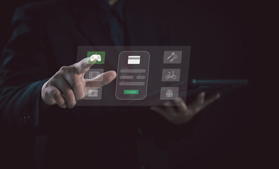 Businessman pressing virtual icon for payment confirmation, symbolizing secure financial transactions, e-commerce processes, online shopping convenience, digital banking, and technology-driven economy
