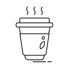 A steaming hot cup of tea in a disposable paper cup with a leaf design