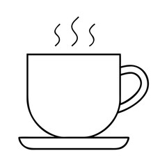 A steaming hot cup of coffee or tea on a saucer simple line art illustration graphic design