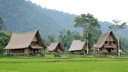 Obraz premium Traditional Thatched Roof Houses in Rural Setting with Lush Green Rice Fields Under Soft Lighting in Southeast Asia