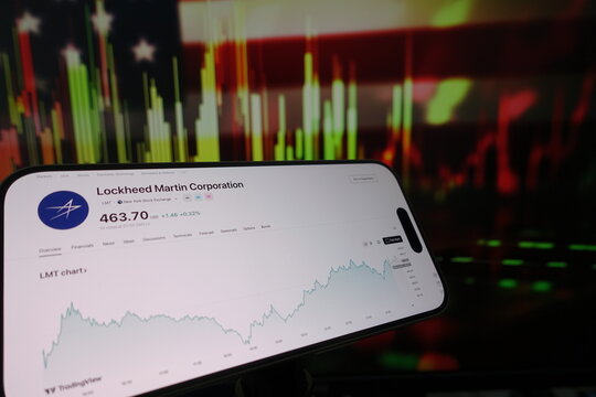 Kiel, SH, Germany, Apr 11 2025: A smartphone displays the Lockheed Martin Corporation stock chart, depicting market trends against a backdrop of colorful financial data visualizations